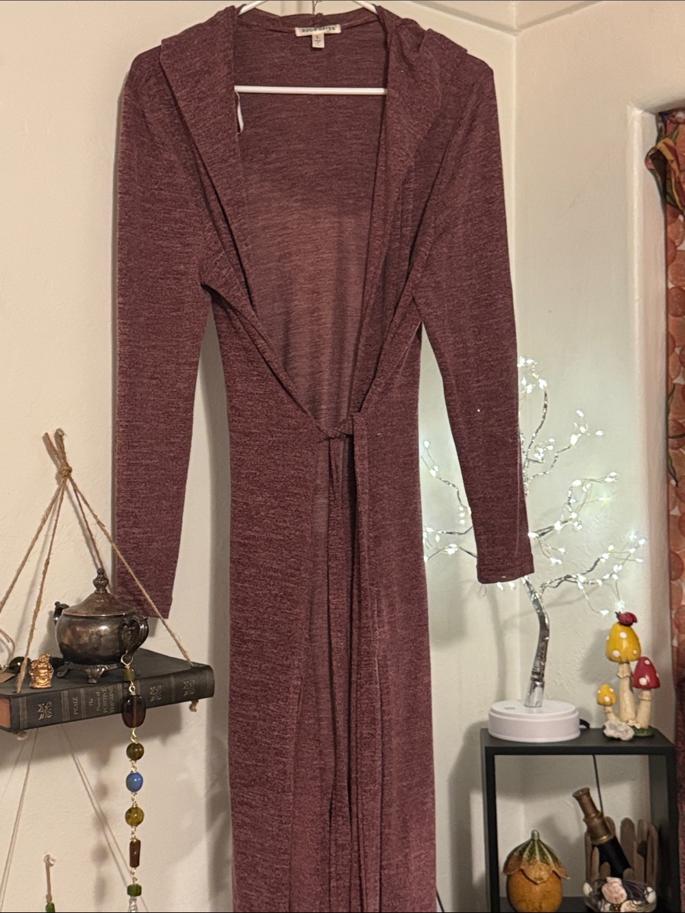 Roommates Long Hooded Open Cardigan in Maroon